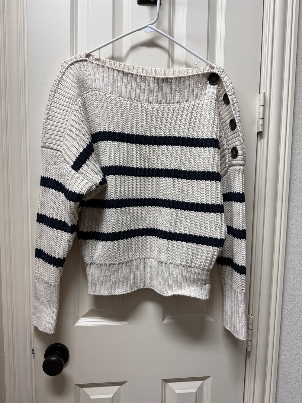 Banana Republic Cream & Navy Striped Off-Shoulder Sweater with Button Accents